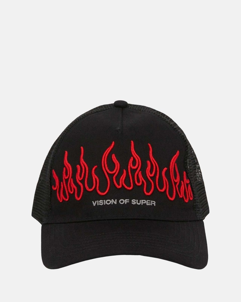 Red Embroidered Flames Black Cap - Vision of Super