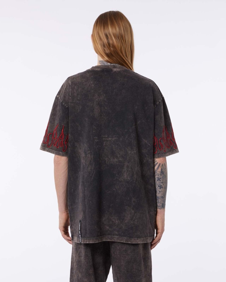 Red Embroidered Flames Stone-washed T-shirt - Vision of Super