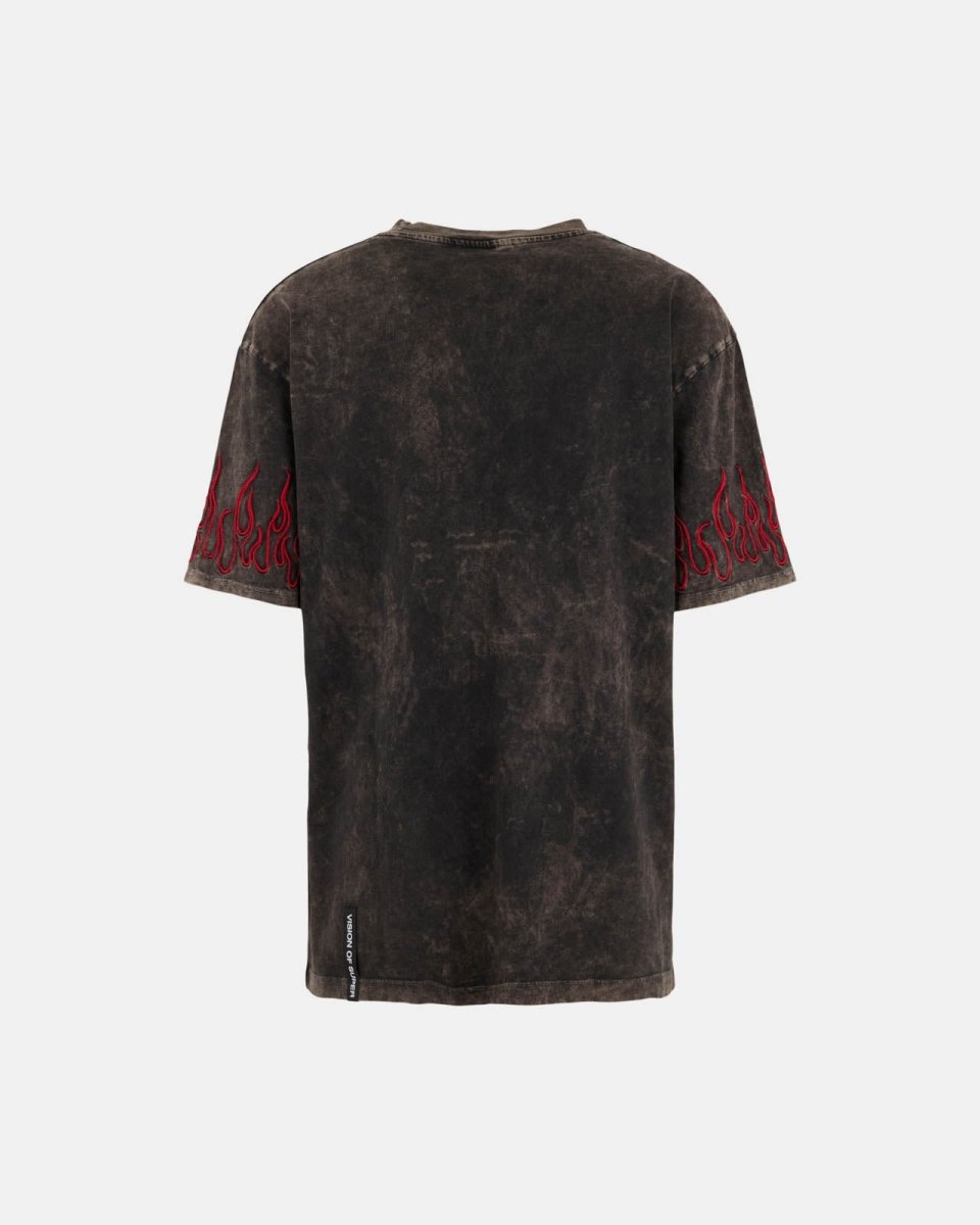 RED EMBROIDERED FLAMES STONE-WASHED T-SHIRT