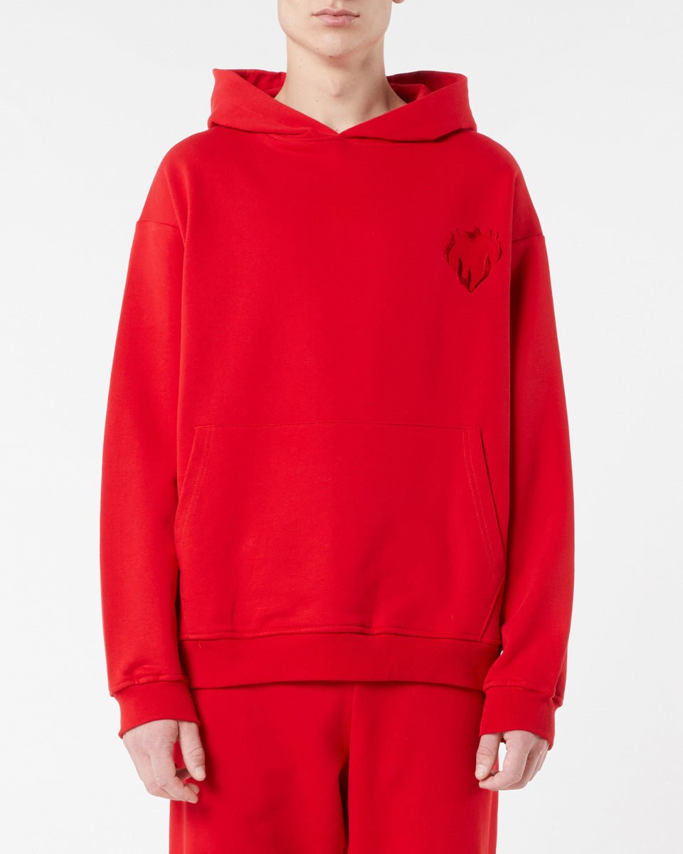 RED HOODIE WITH EMBROIDERED FLAMING HEART