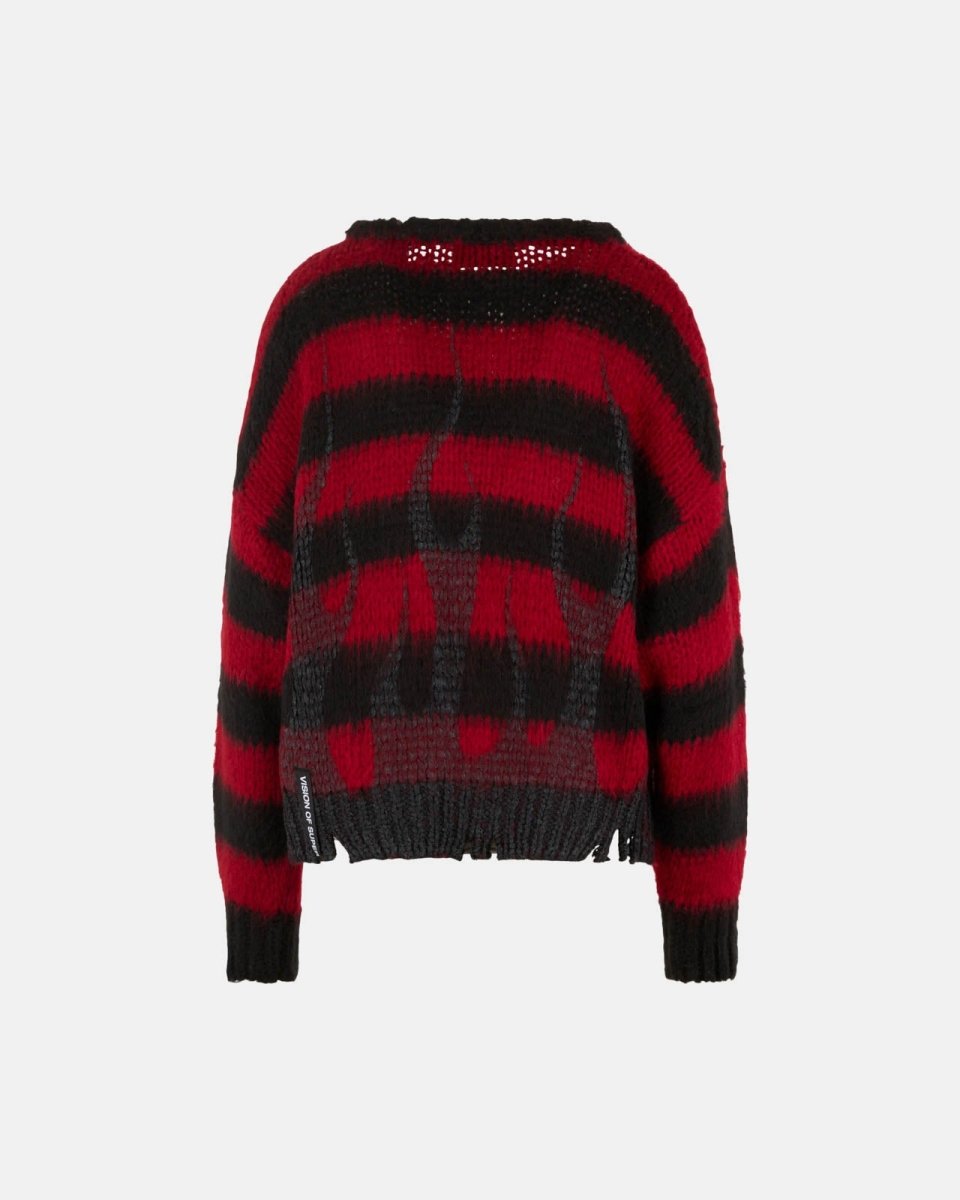 RED STRIPED WOMAN JUMPER WITH BLACK FLAMES