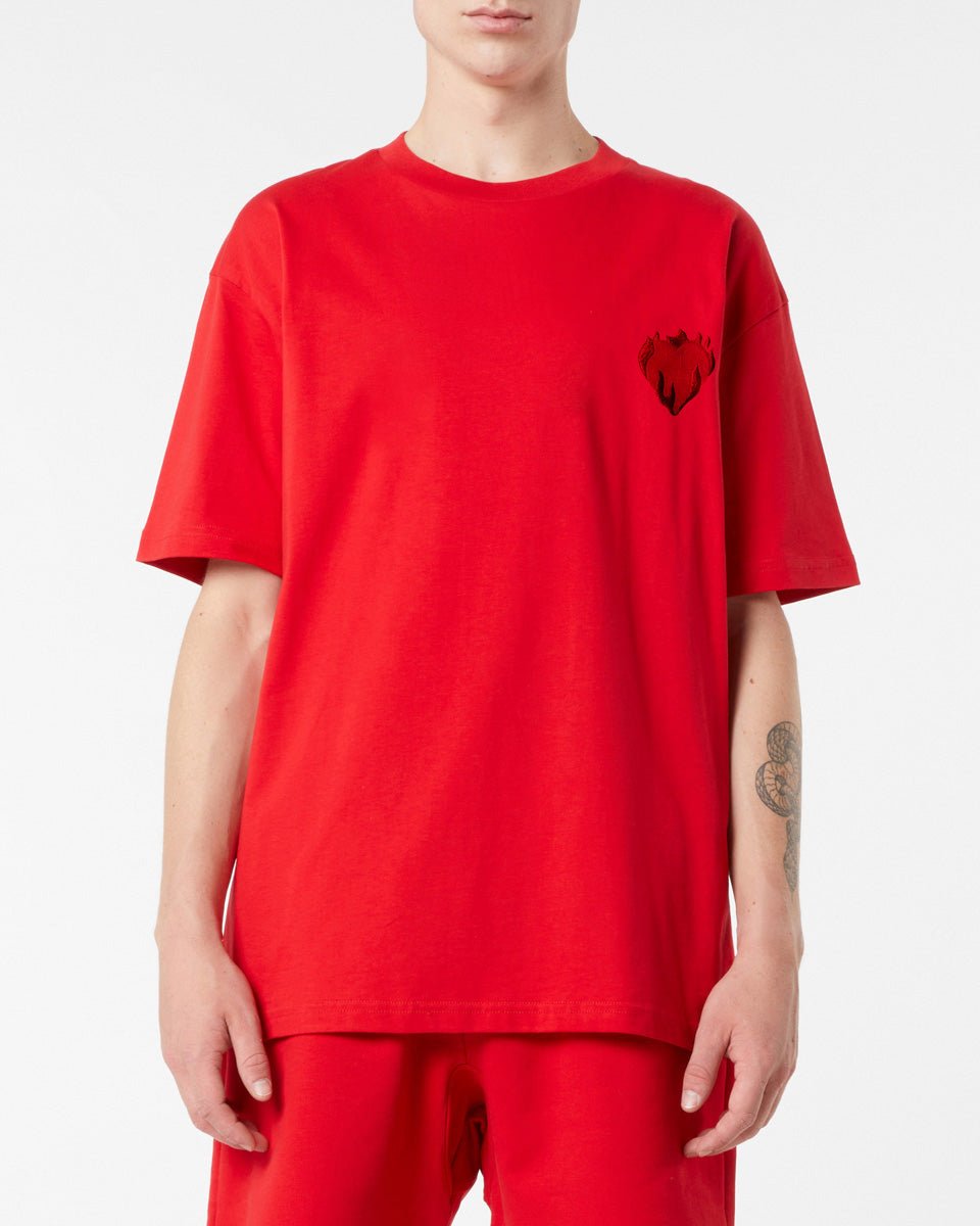 RED T-SHIRT WITH EMBROIDERED FLAMING HEART