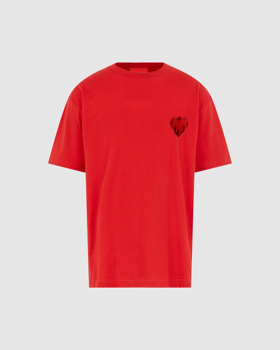 RED T-SHIRT WITH EMBROIDERED FLAMING HEART