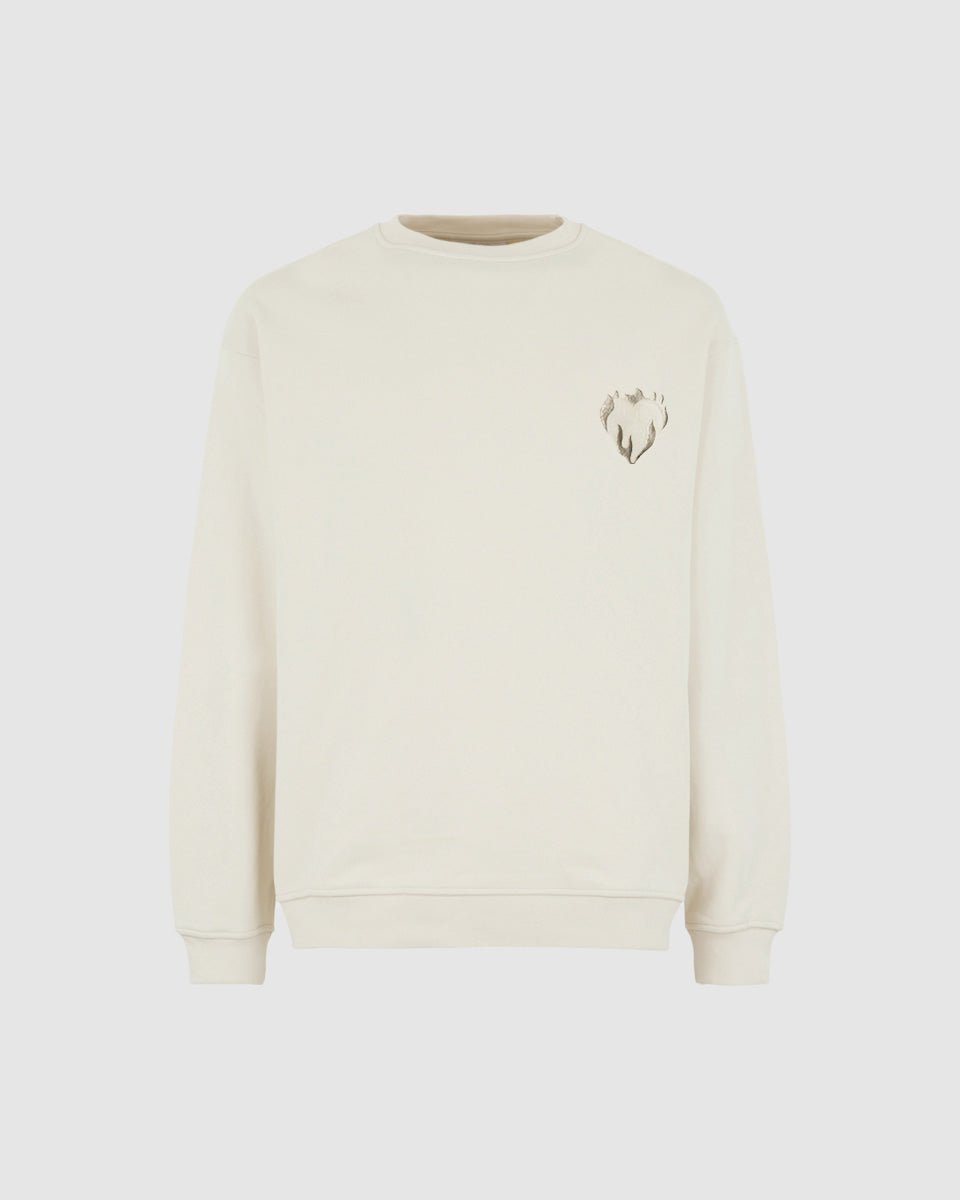 SAND CREWNECK WITH EMBROIDERED FLAMING HEART