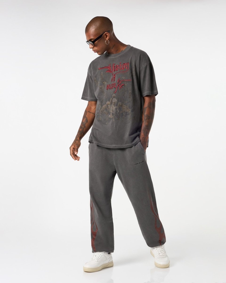STONEWASH PANTS WITH TRIBAL RED FLAMES - Vision of Super