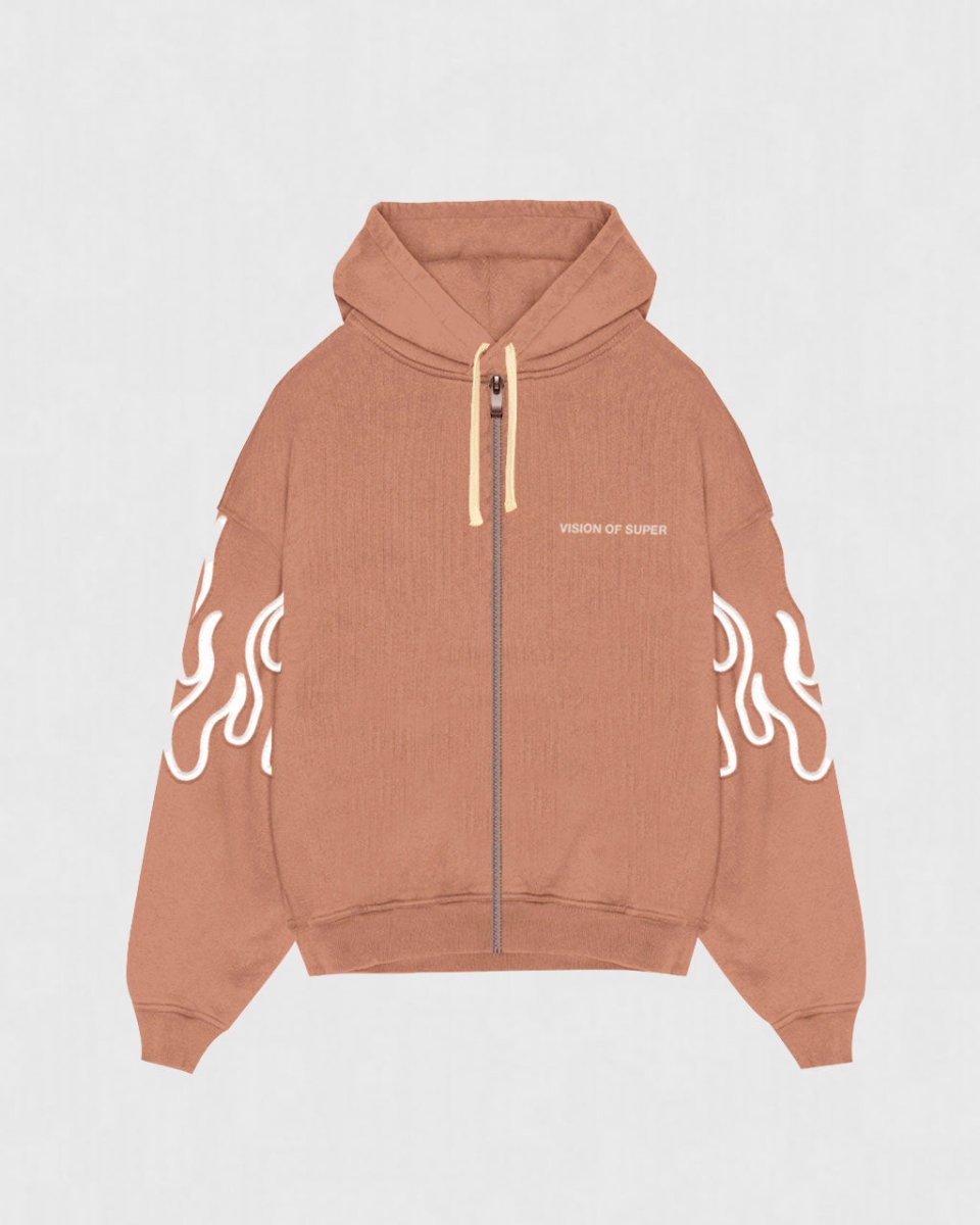TERRACOTTA ZIP HOODIE WITH EMBROIDERY FLAME