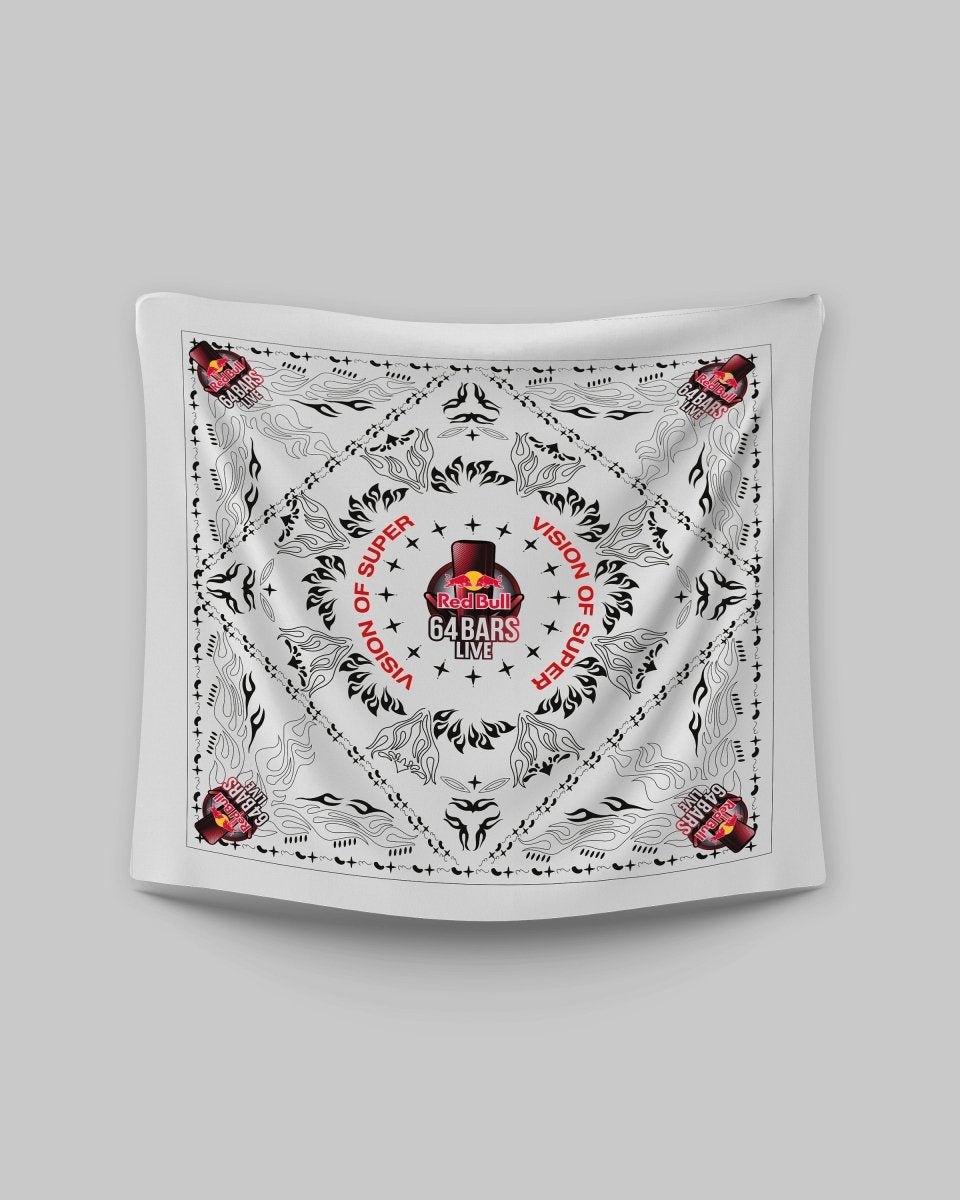 WHITE BANDANA WITH RED BULL 64 BARS PRINT - Vision of Super