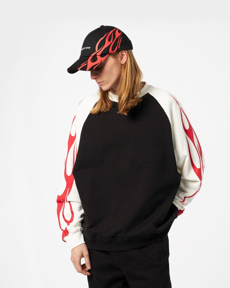 White & Black Crewneck with Red Tribal Flames - Vision of Super