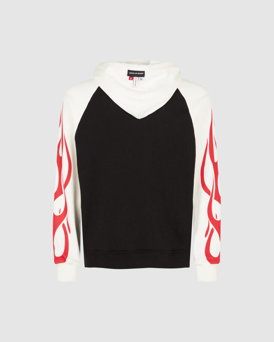 White & Black Hoodie with Red Flames
