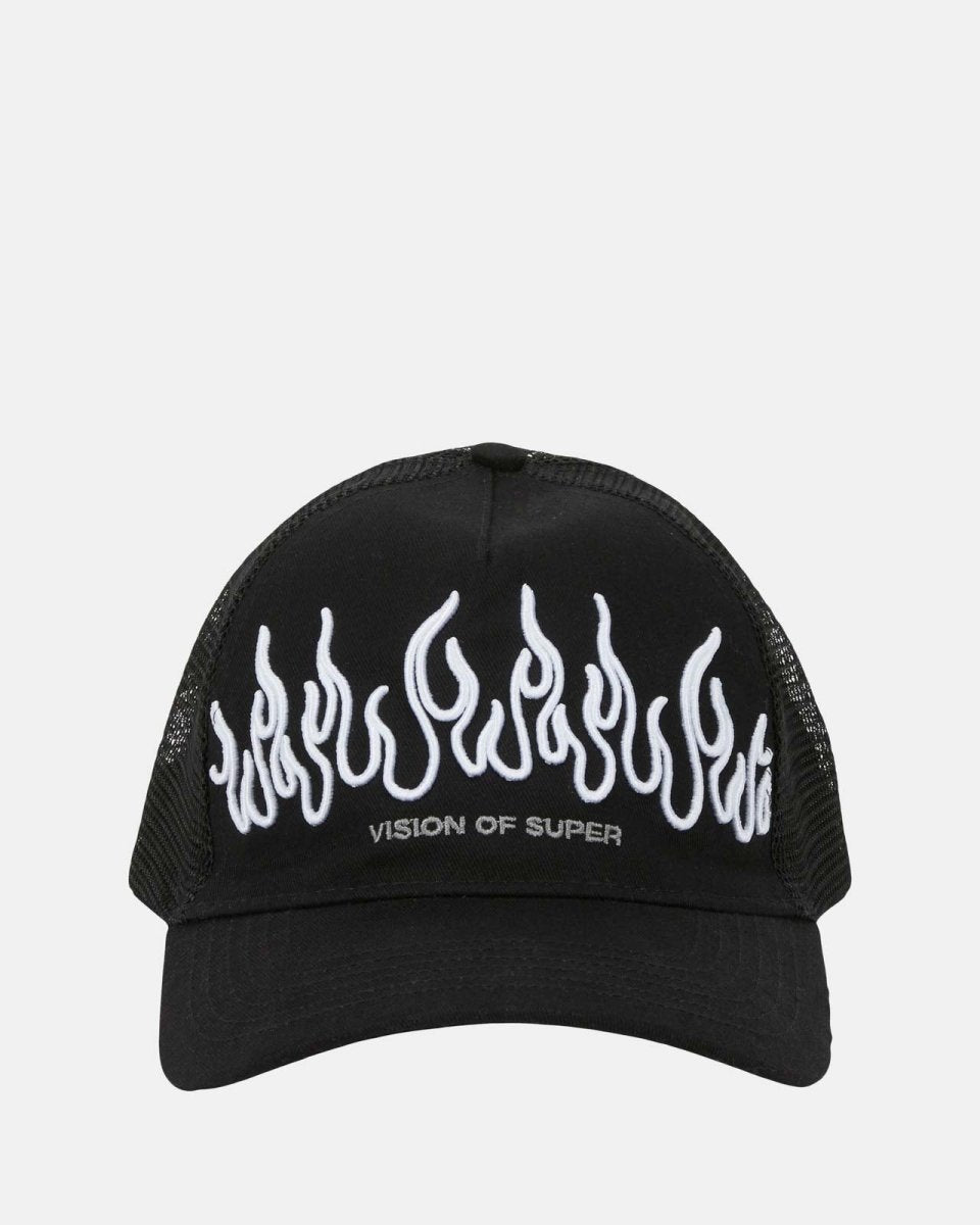 White Embroidered Flames Black Cap - Vision of Super | VOS