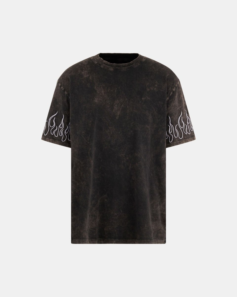 White Embroidered Flames Stone-washed T-shirt - Vision of Super | VOS