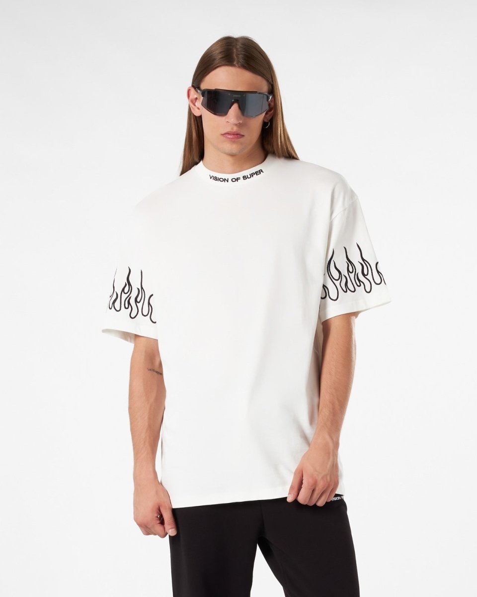 WHITE T-SHIRT WITH BLACK EMBROIDERED FLAMES - Vision of Super