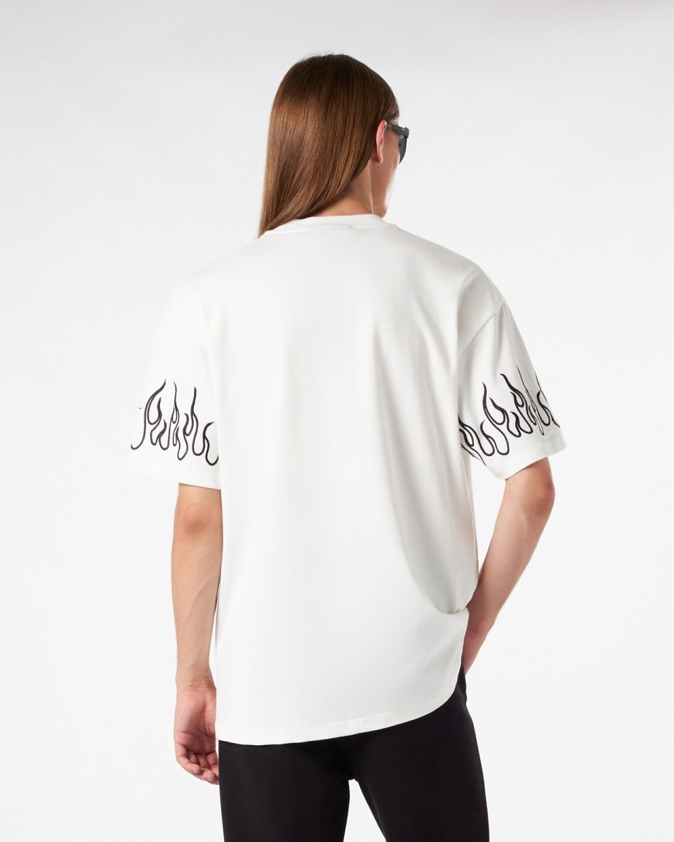 WHITE T-SHIRT WITH BLACK EMBROIDERED FLAMES - Vision of Super