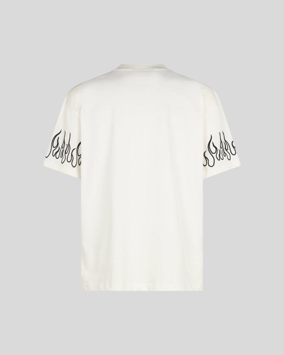 WHITE T-SHIRT WITH BLACK EMBROIDERED FLAMES