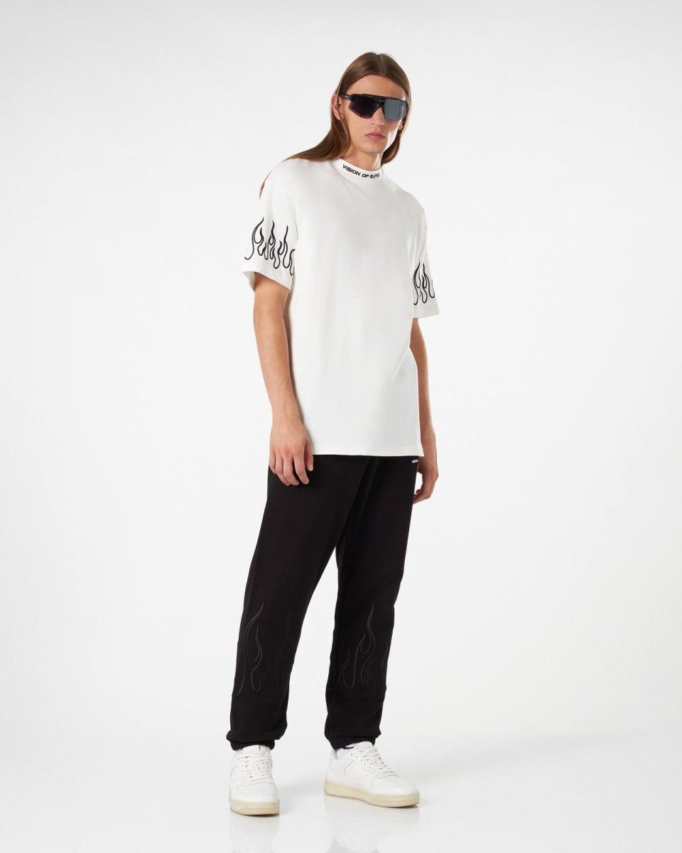 WHITE T-SHIRT WITH BLACK EMBROIDERED FLAMES