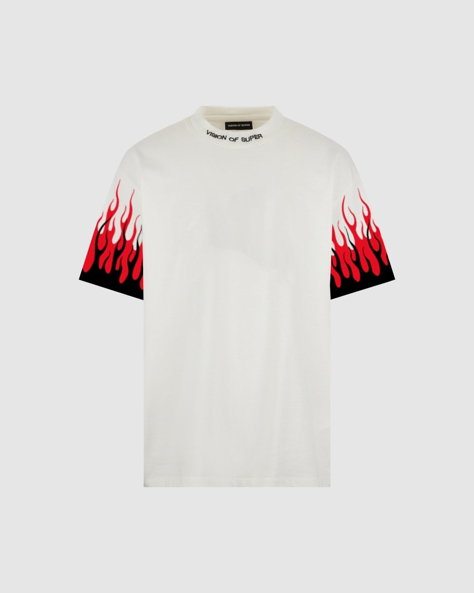 WHITE T-SHIRT WITH PRINTED BLACK AND RED FLAMES