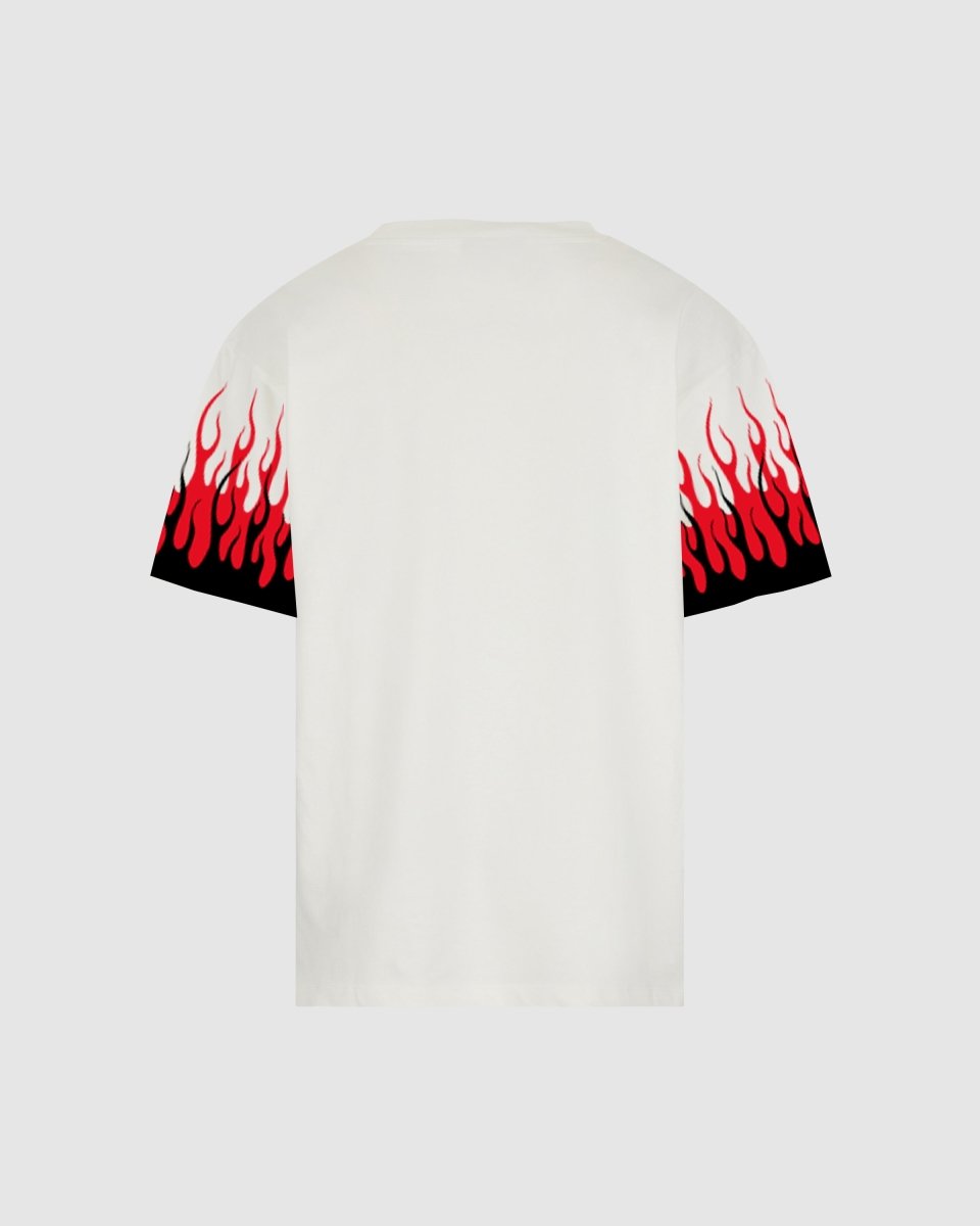 WHITE T-SHIRT WITH PRINTED BLACK AND RED FLAMES - Vision of Super