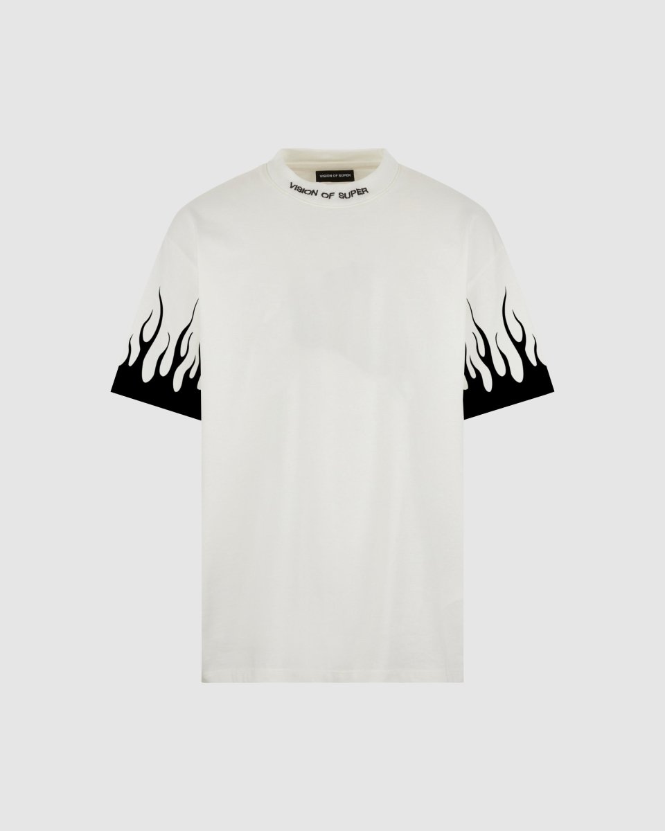 WHITE T-SHIRT WITH PRINTED BLACK FLAMES