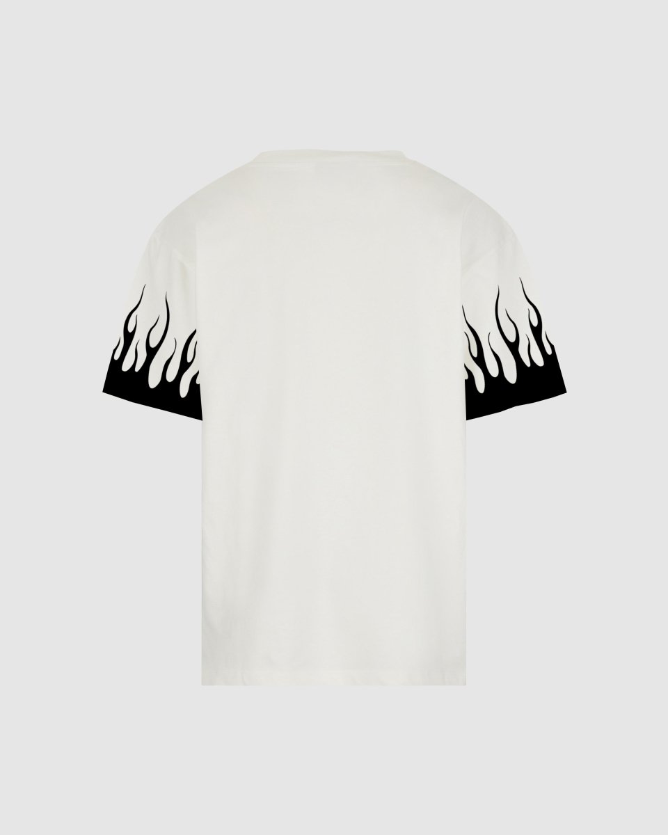 T-SHIRT BIANCA CON FIAMME NERE STAMPATE