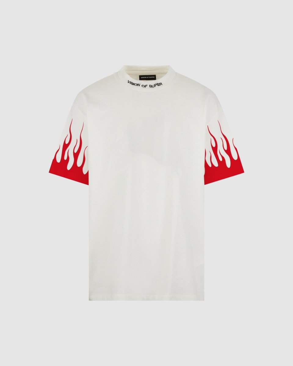WHITE T-SHIRT WITH PRINTED RED FLAMES