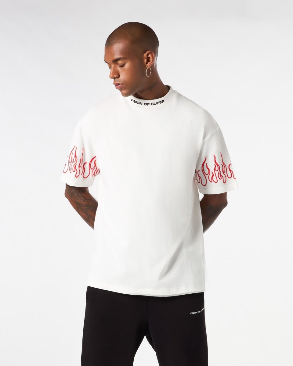 WHITE T-SHIRT WITH RED EMBROIDERED FLAMES
