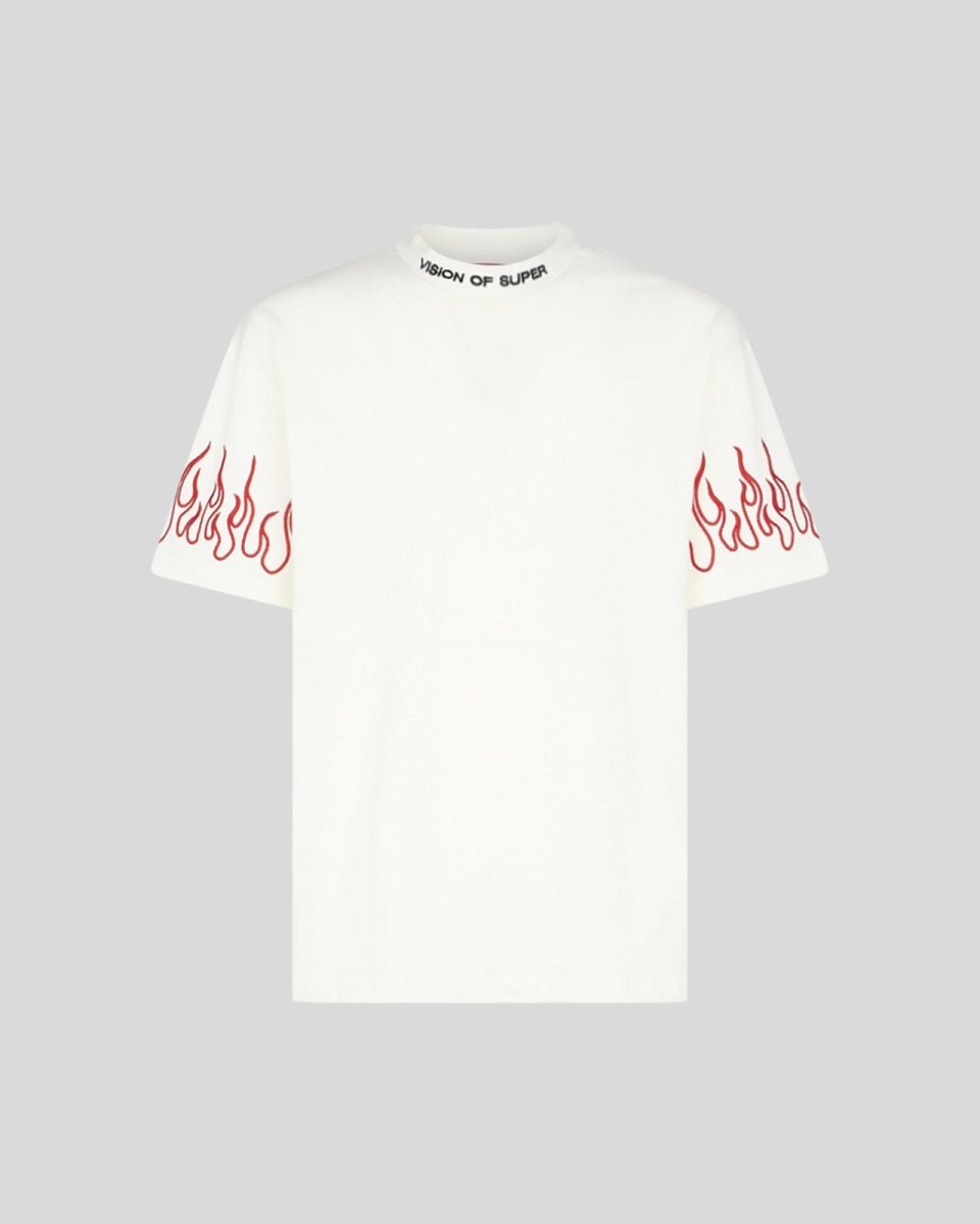 WHITE T-SHIRT WITH RED EMBROIDERED FLAMES
