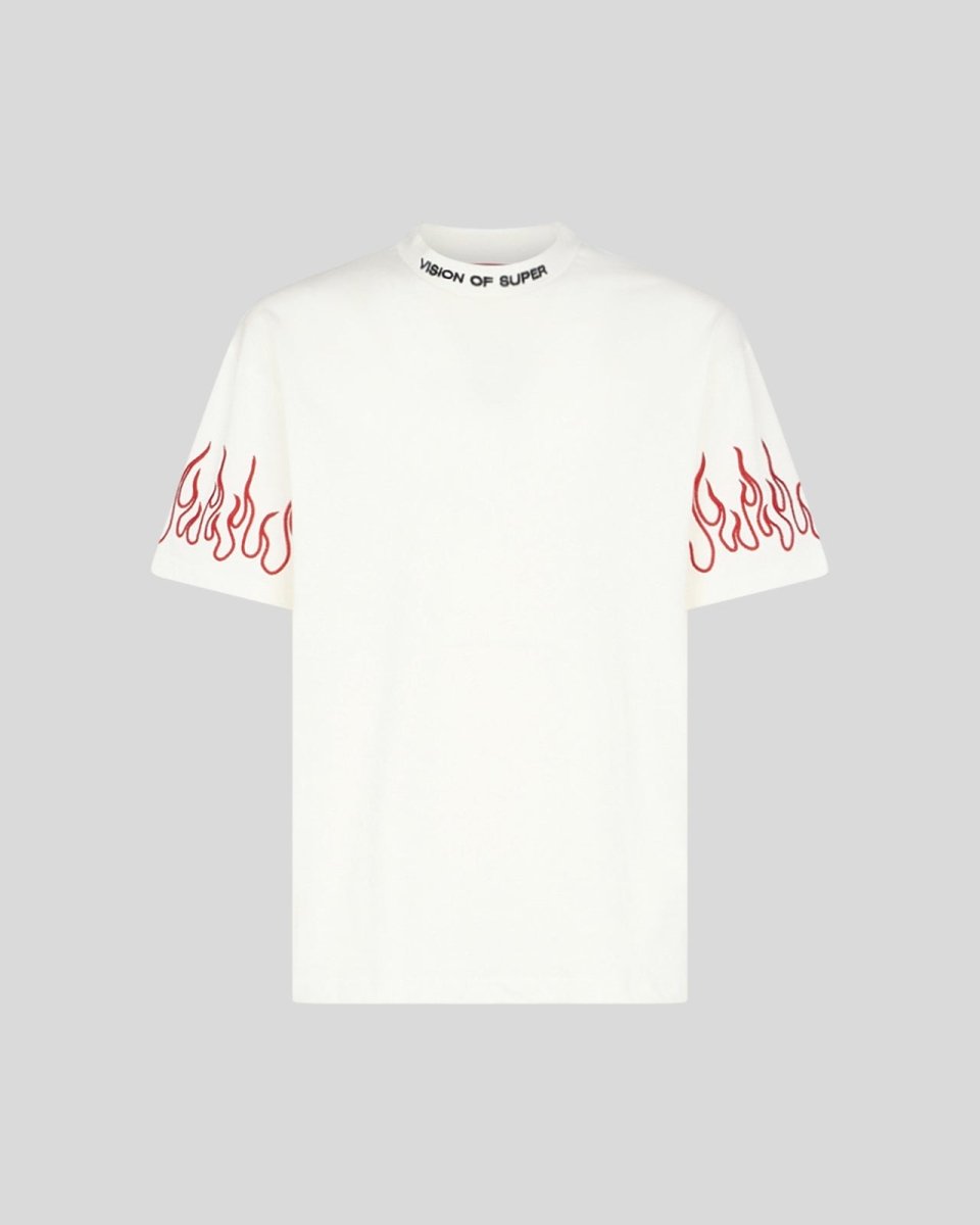 WHITE T-SHIRT WITH RED EMBROIDERED FLAMES - Vision of Super