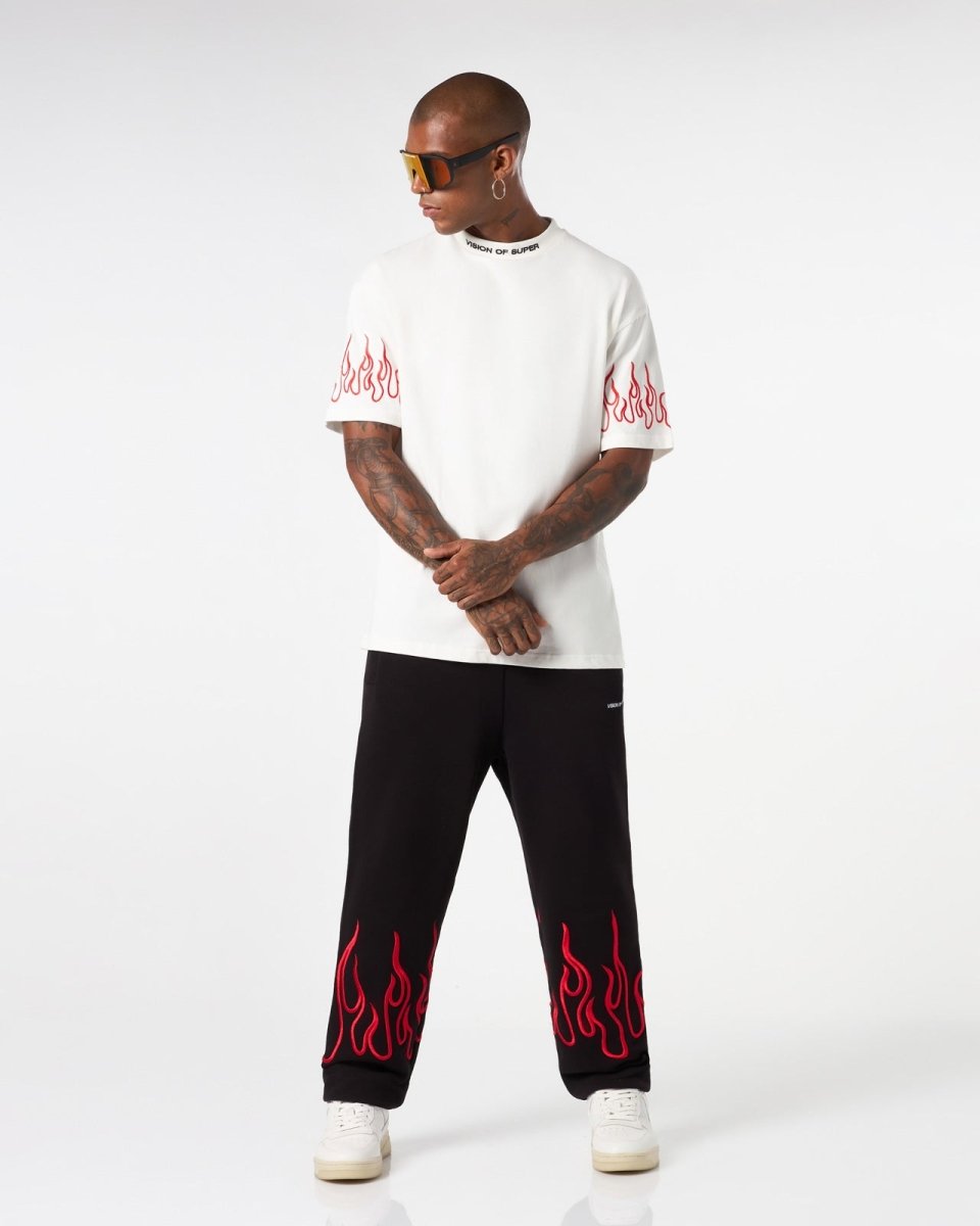 WHITE T-SHIRT WITH RED EMBROIDERED FLAMES - Vision of Super