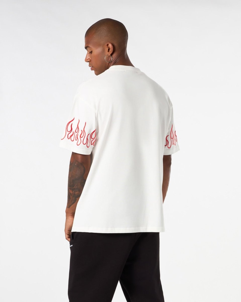 WHITE T-SHIRT WITH RED EMBROIDERED FLAMES - Vision of Super