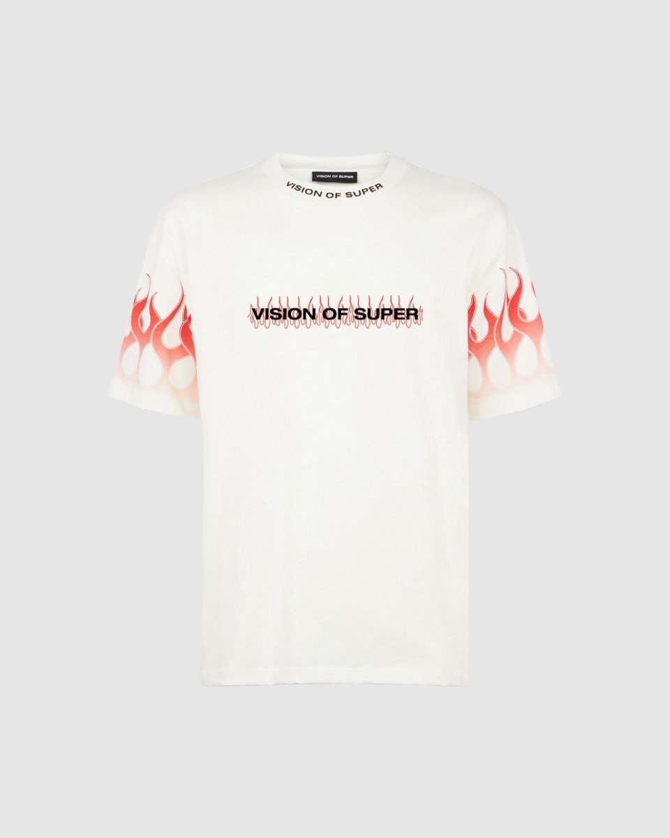 WHITE T-SHIRT WITH RED FLAMES AND LOGO